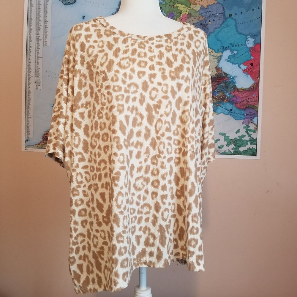 Cream Brown Relaxed Leopard Print Top L